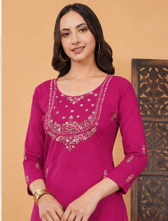 Women's Thread Embroidered Ethnic Straight Long Kurti | Casual Office Wear Daily Wear