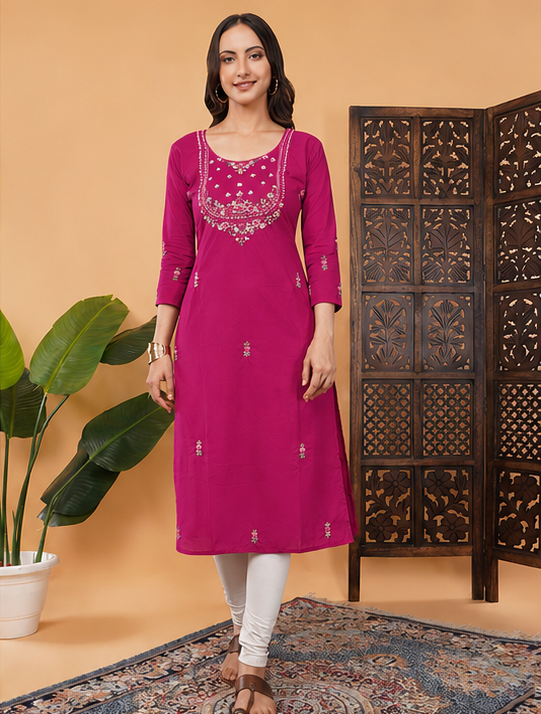 Women's Thread Embroidered Ethnic Straight Long Kurti | Casual Office Wear Daily Wear