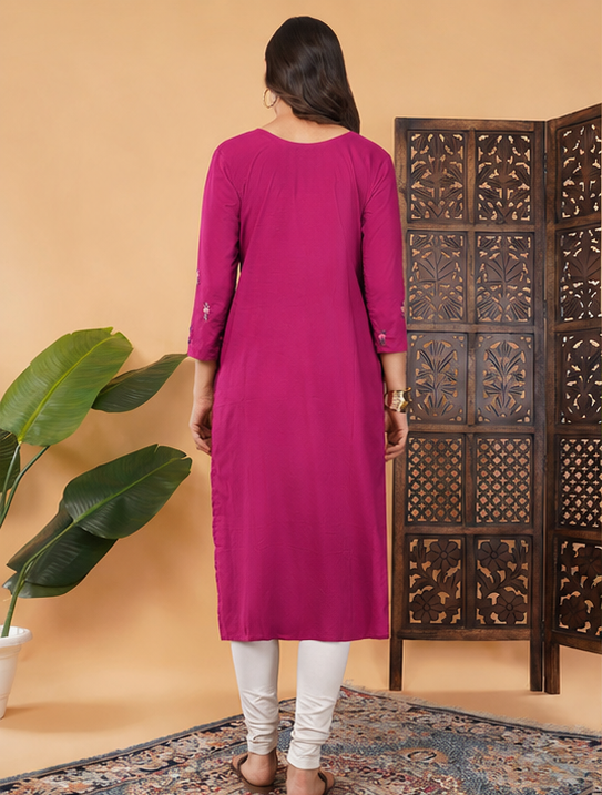 Pink Thread Embroidered Ethnic Straight Long Kurti | Casual Office Wear Daily Wear