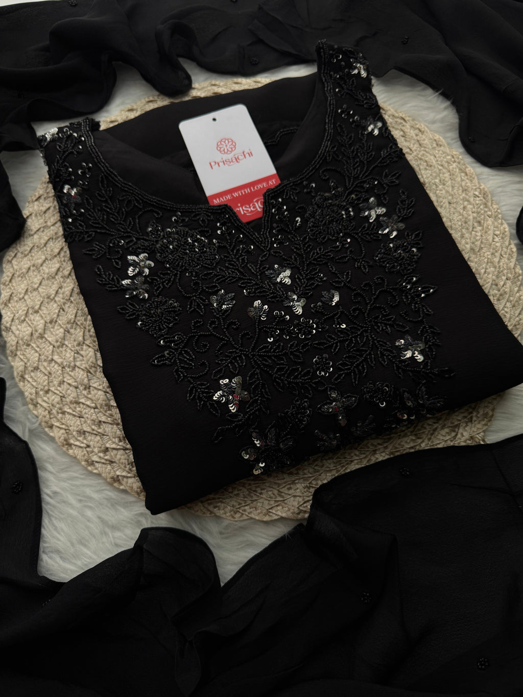 Black Designer Embroidered Kurta set with Palazzo and dupatta