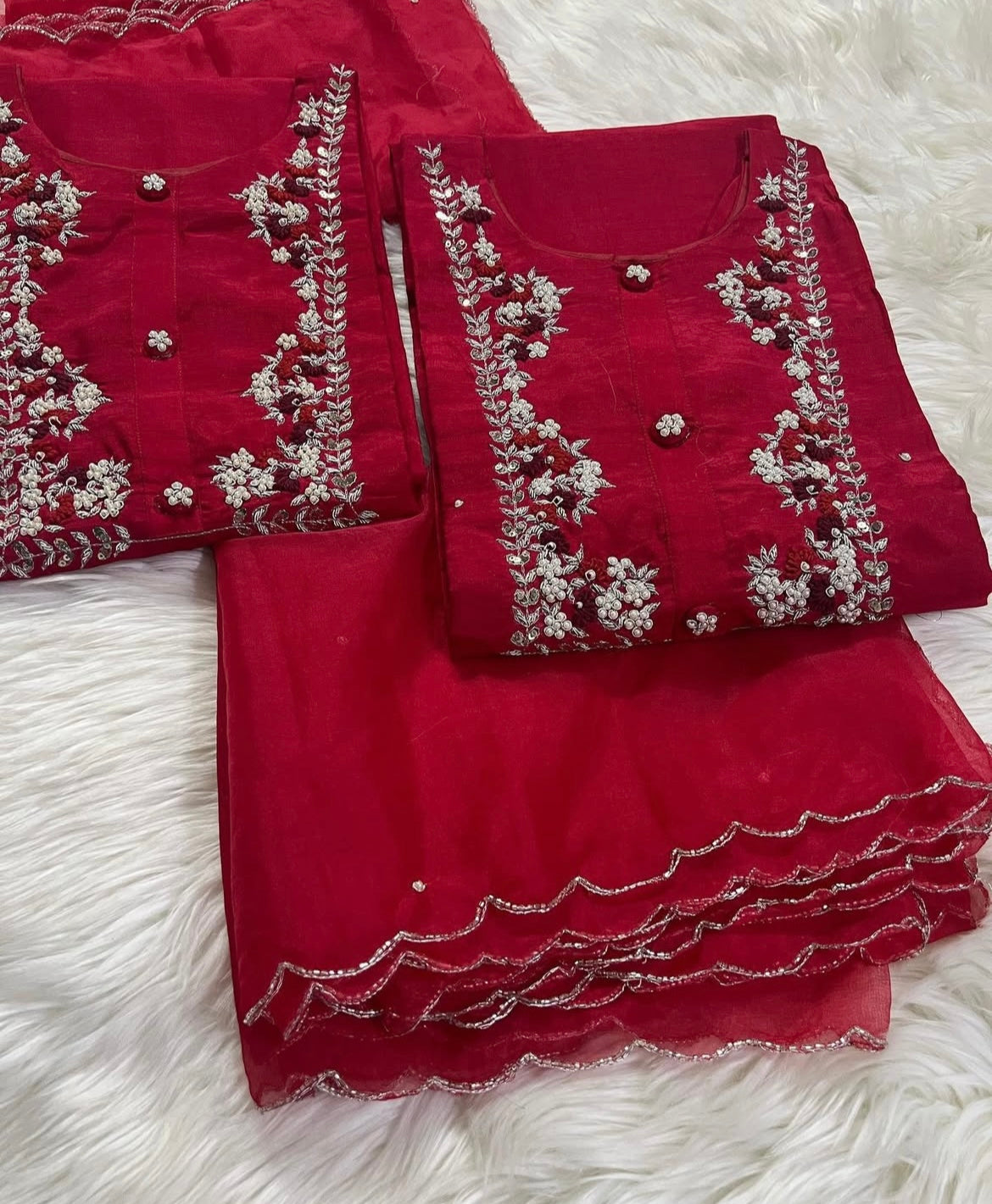 Red embroidered kurta Pant  with dupatta