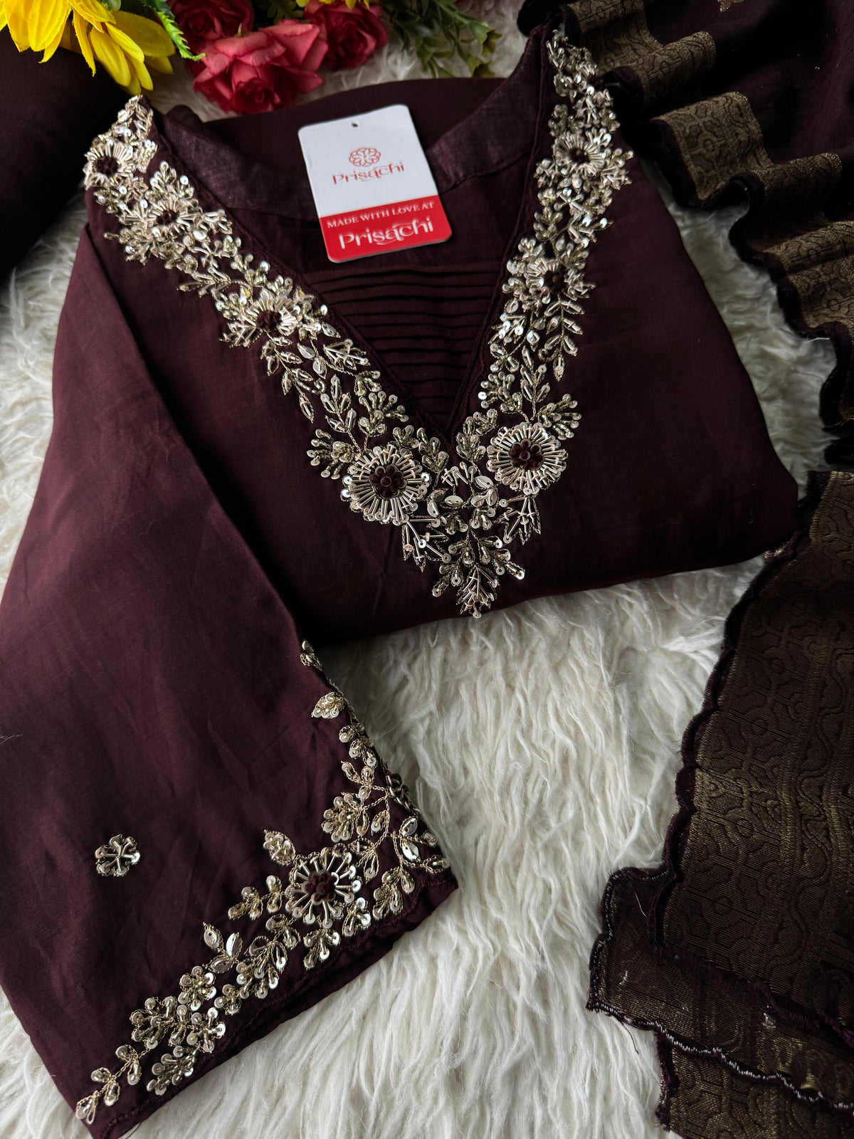 Brown hand embroidered kurta pant with dupatta