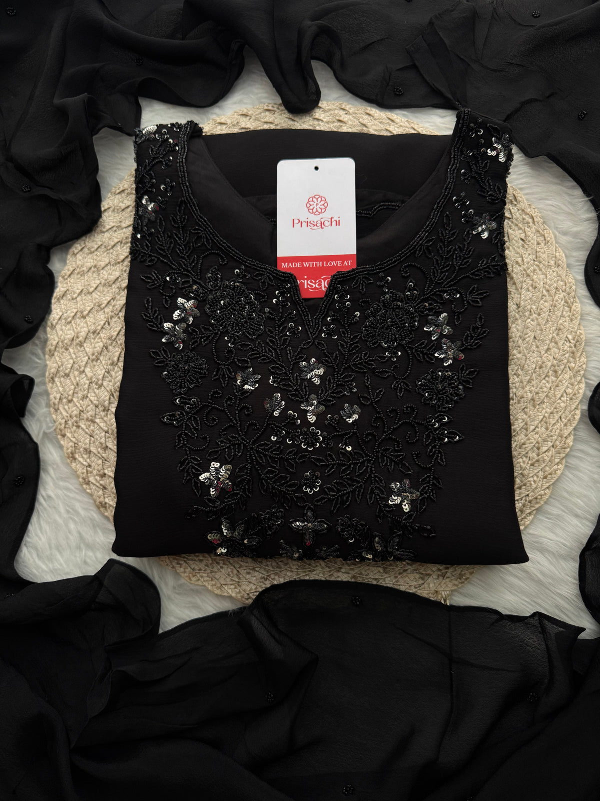 Black Designer Embroidered Kurta set with Palazzo and dupatta