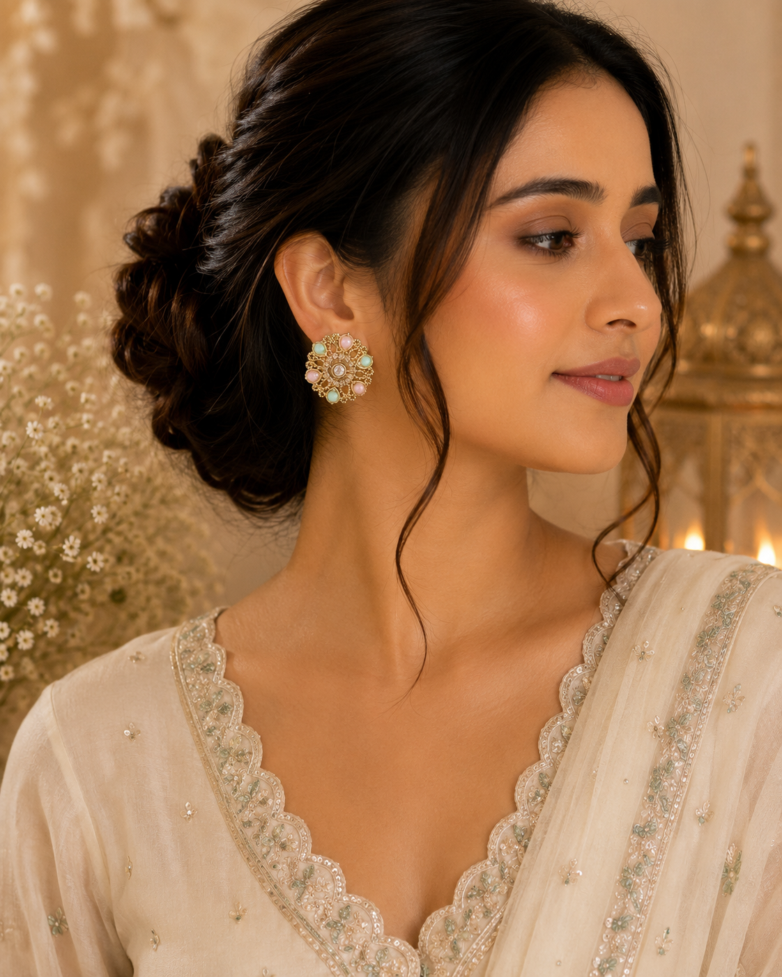 Traditional Gold-Plated Flower Kundan Stud Earrings for women