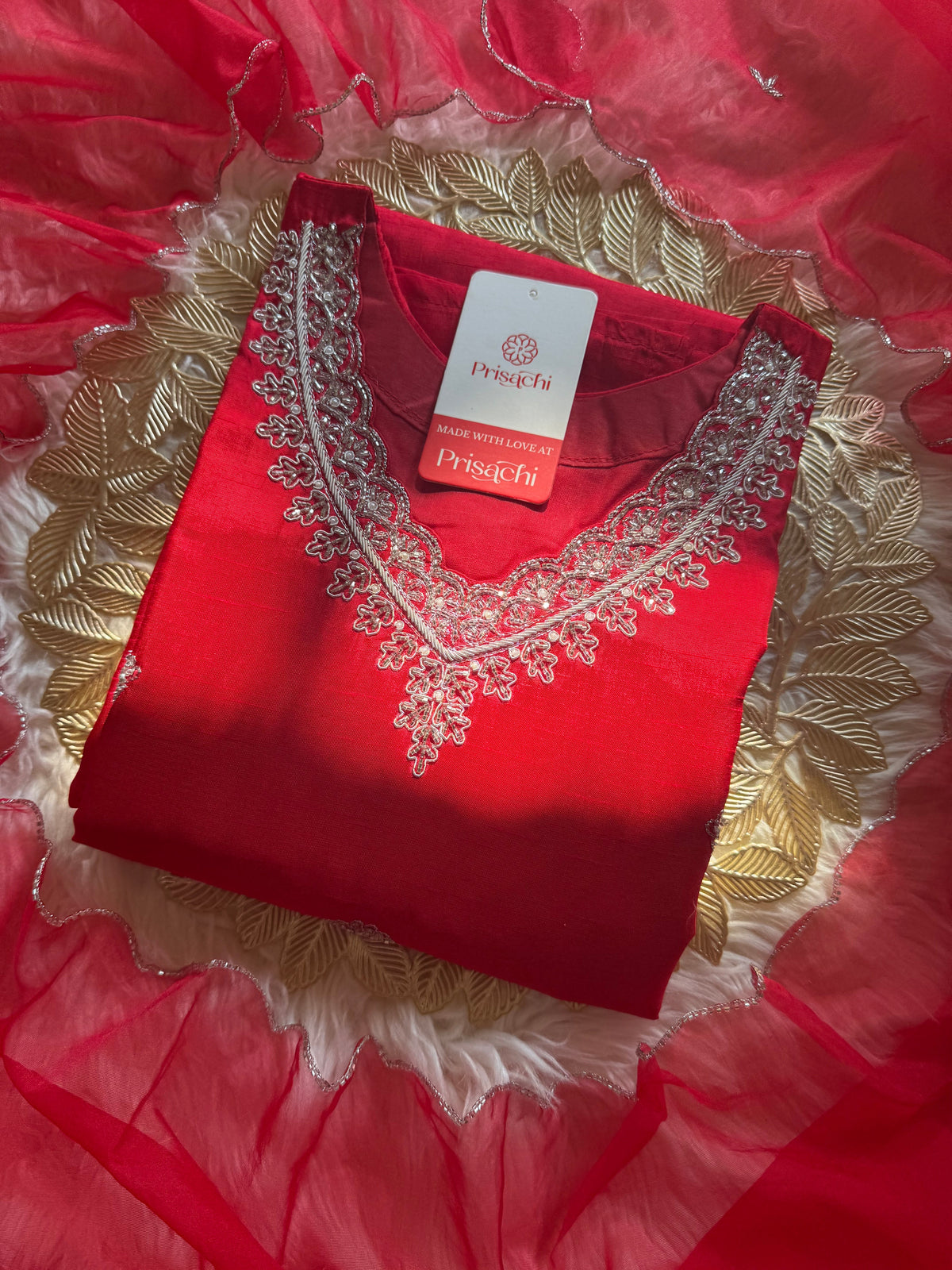 Red embroidered kurta Pant  with dupatta