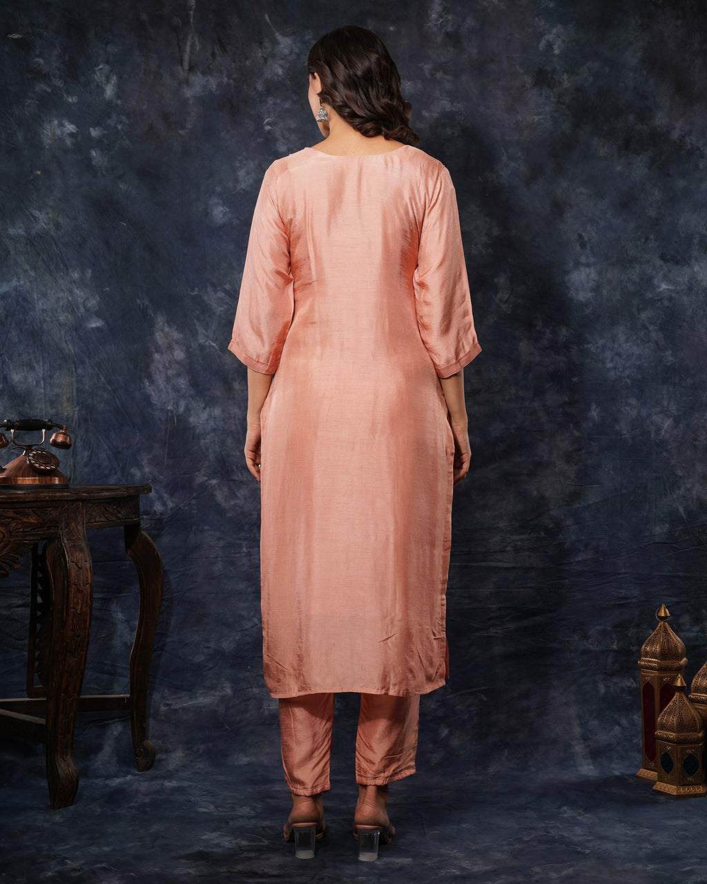 Peach embroidered kurta set with dupatta