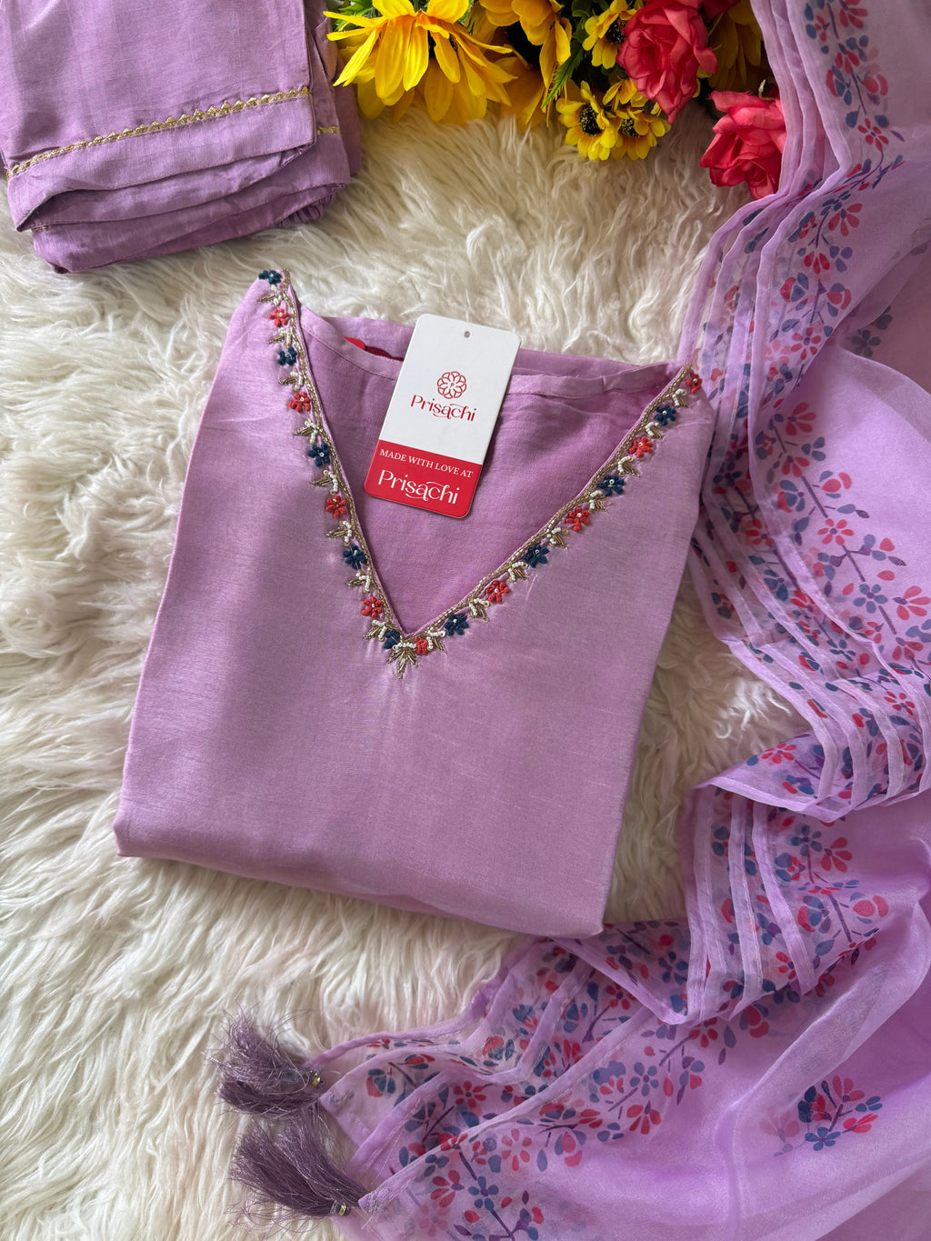 Purple cotton silk embroidered straight kurta set with dupatta