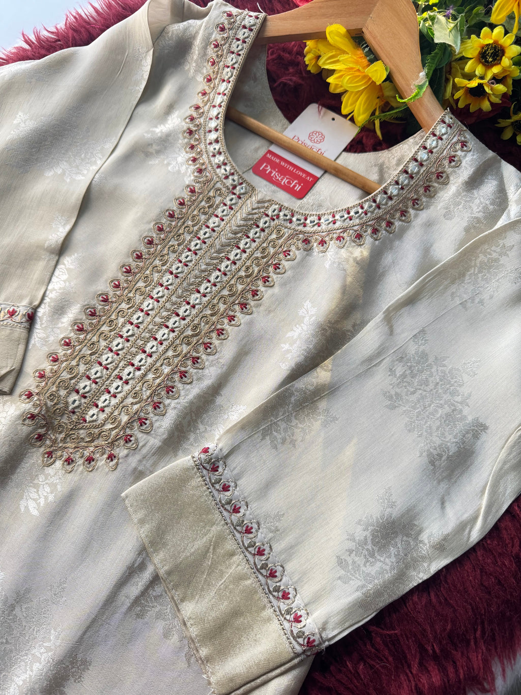 Off White Designer Embroidered Kurta set with dupatta and Pant
