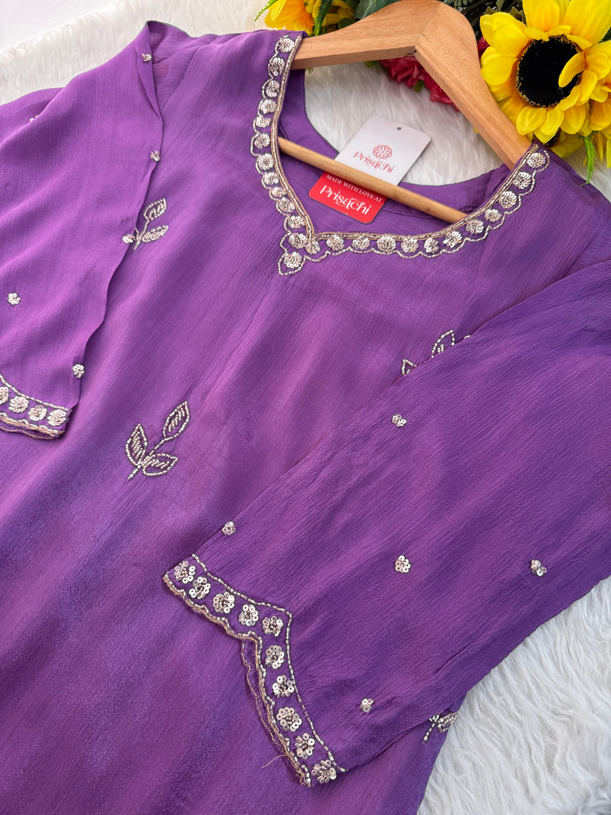 Purple  Embroidered Sharara Set with pants and Dupatta for Women | Prisachi
