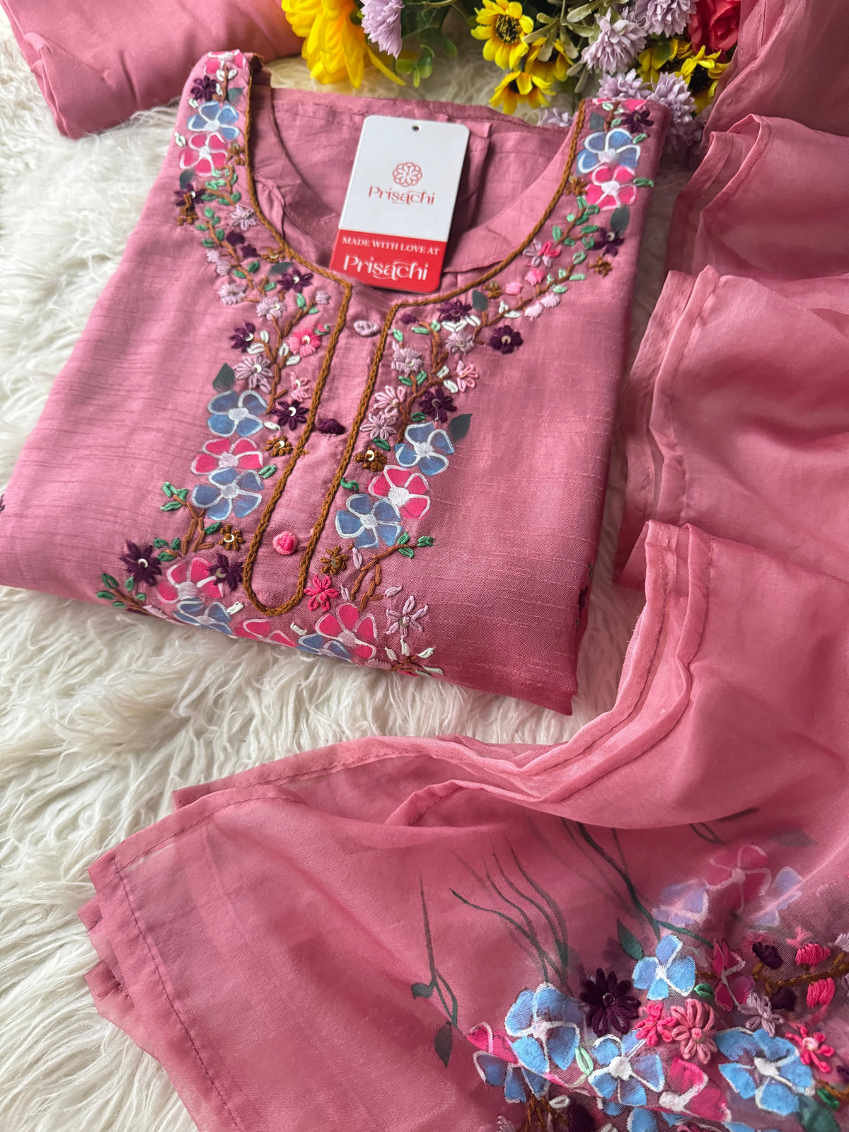 Pink Hand embroidered kurta set with dupatta
