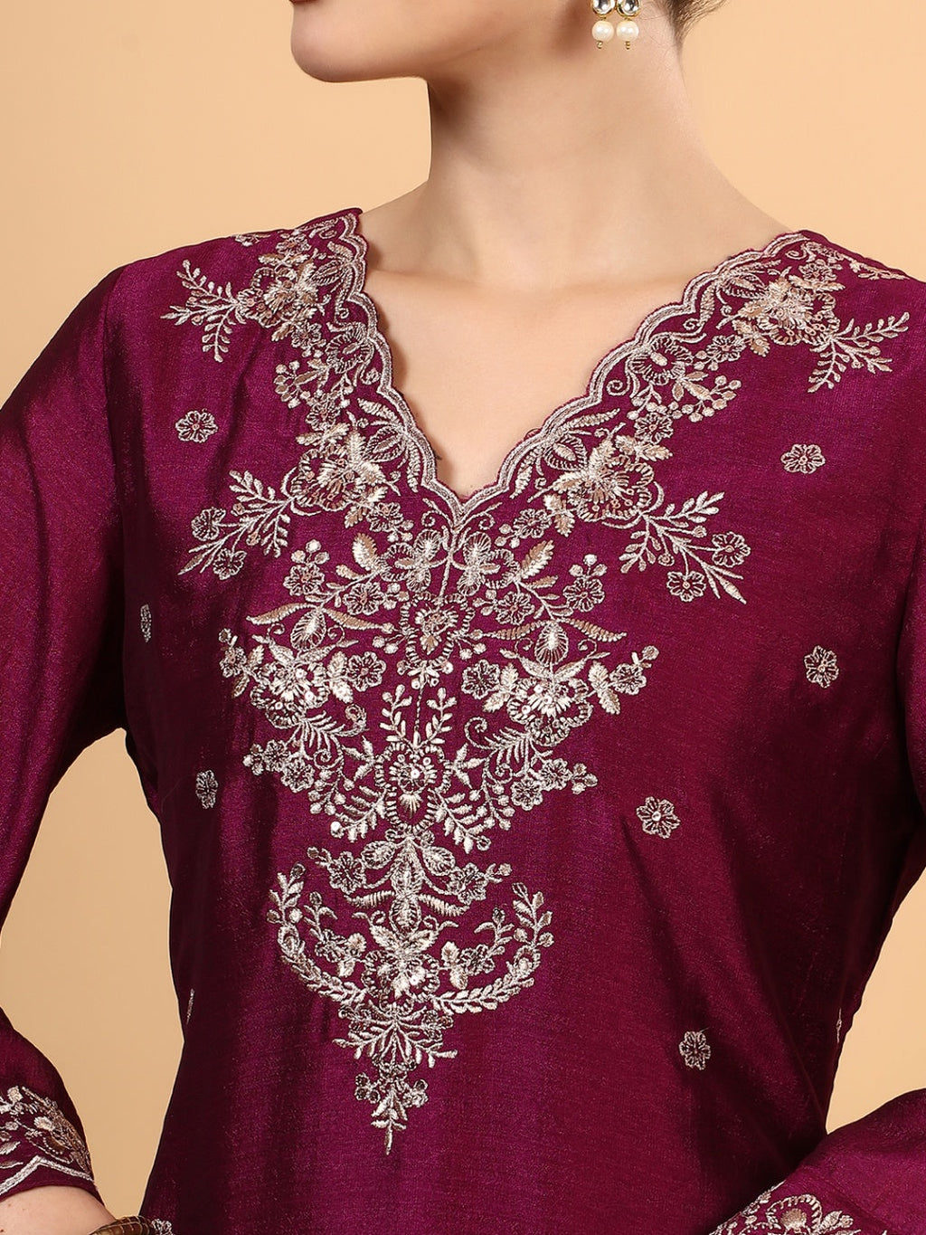 Women Wine Designer Embroidered Kurta set with dupatta with Pant