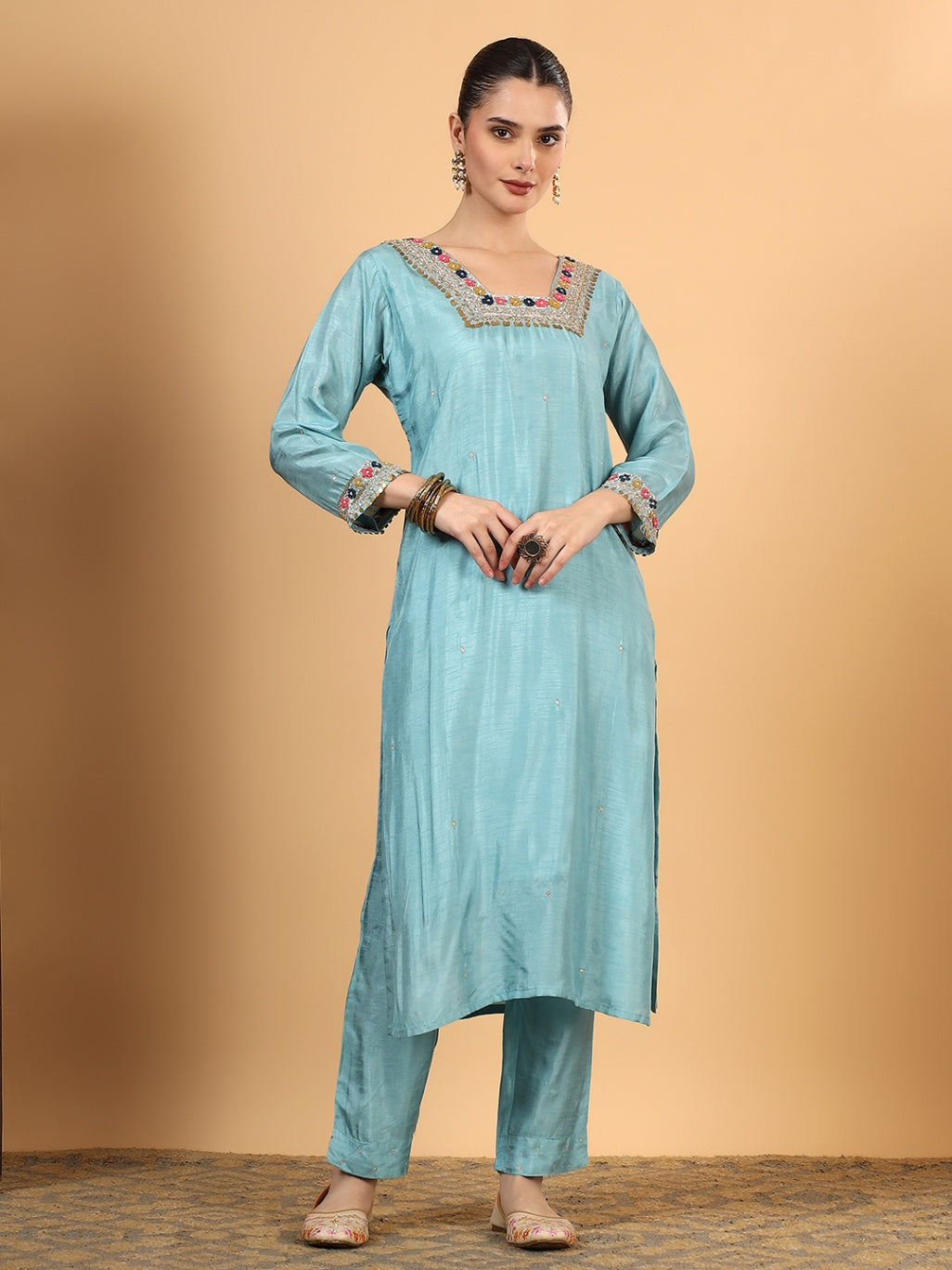 Women Blue Designer Hand  Embroidered Kurta set with dupatta with Pant