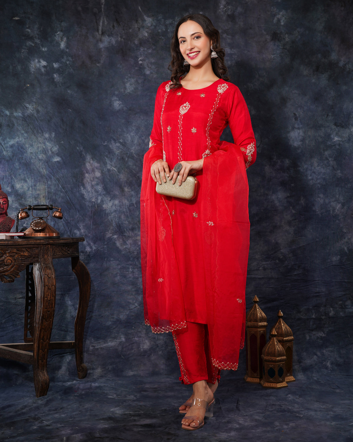 Red Designer Embroidered kurta set with dupatta