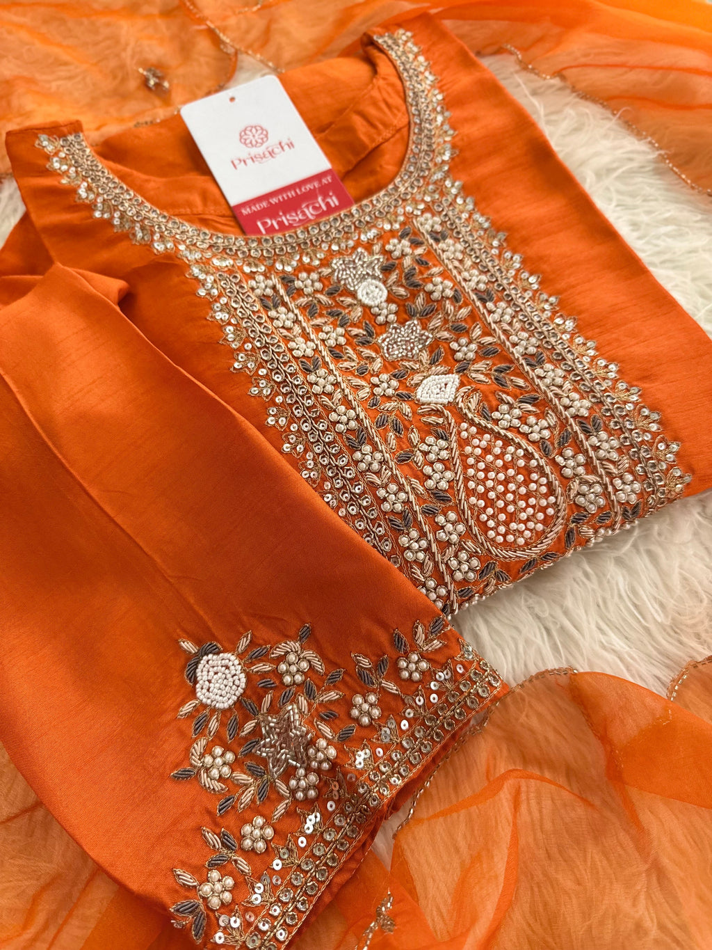 Orange  Designer embroidered kurta set with dupatta