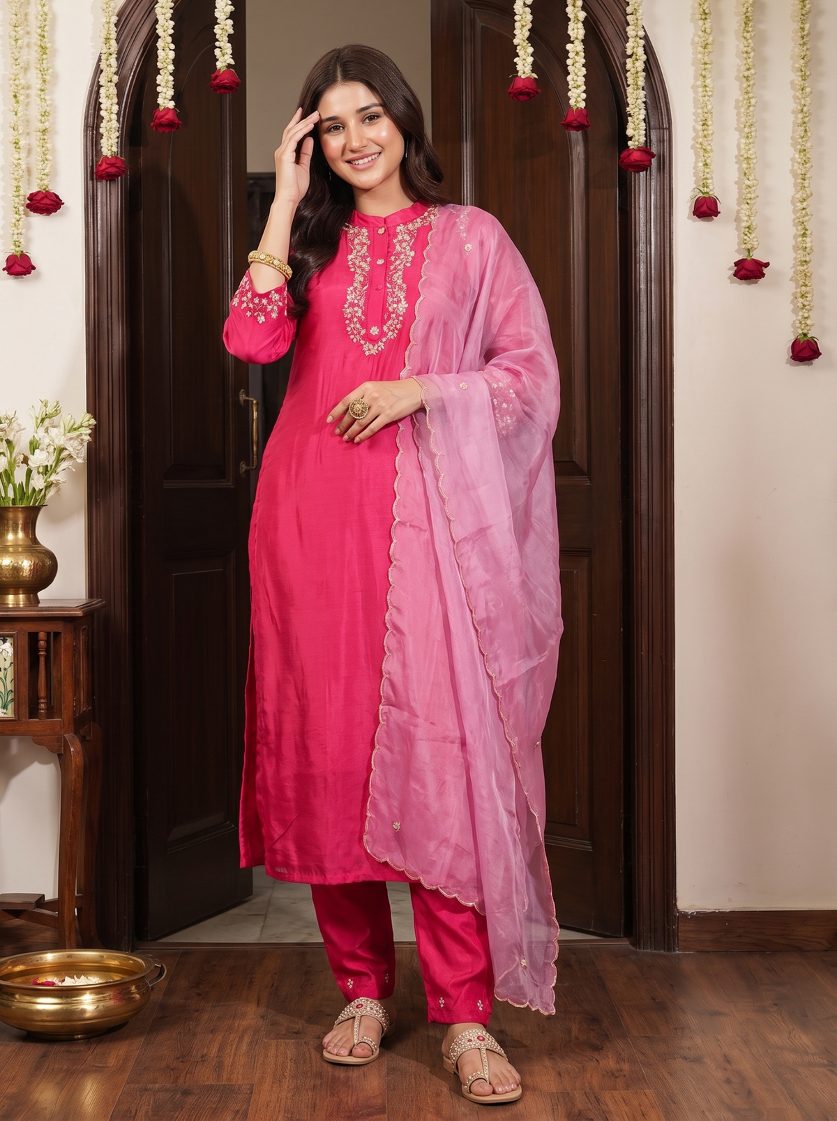 Pink Embroidery Kurta Set With Pants & Dupatta | Festive & Daily Wear