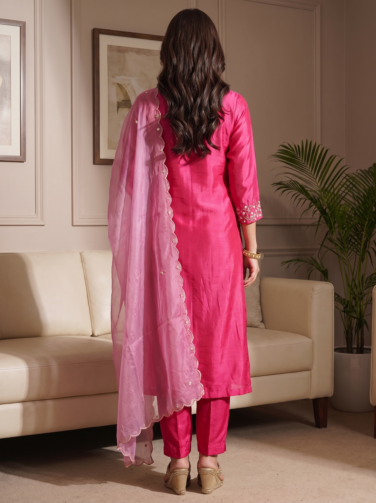 Pink Embroidery Kurta Set With Pants & Dupatta | Festive & Daily Wear