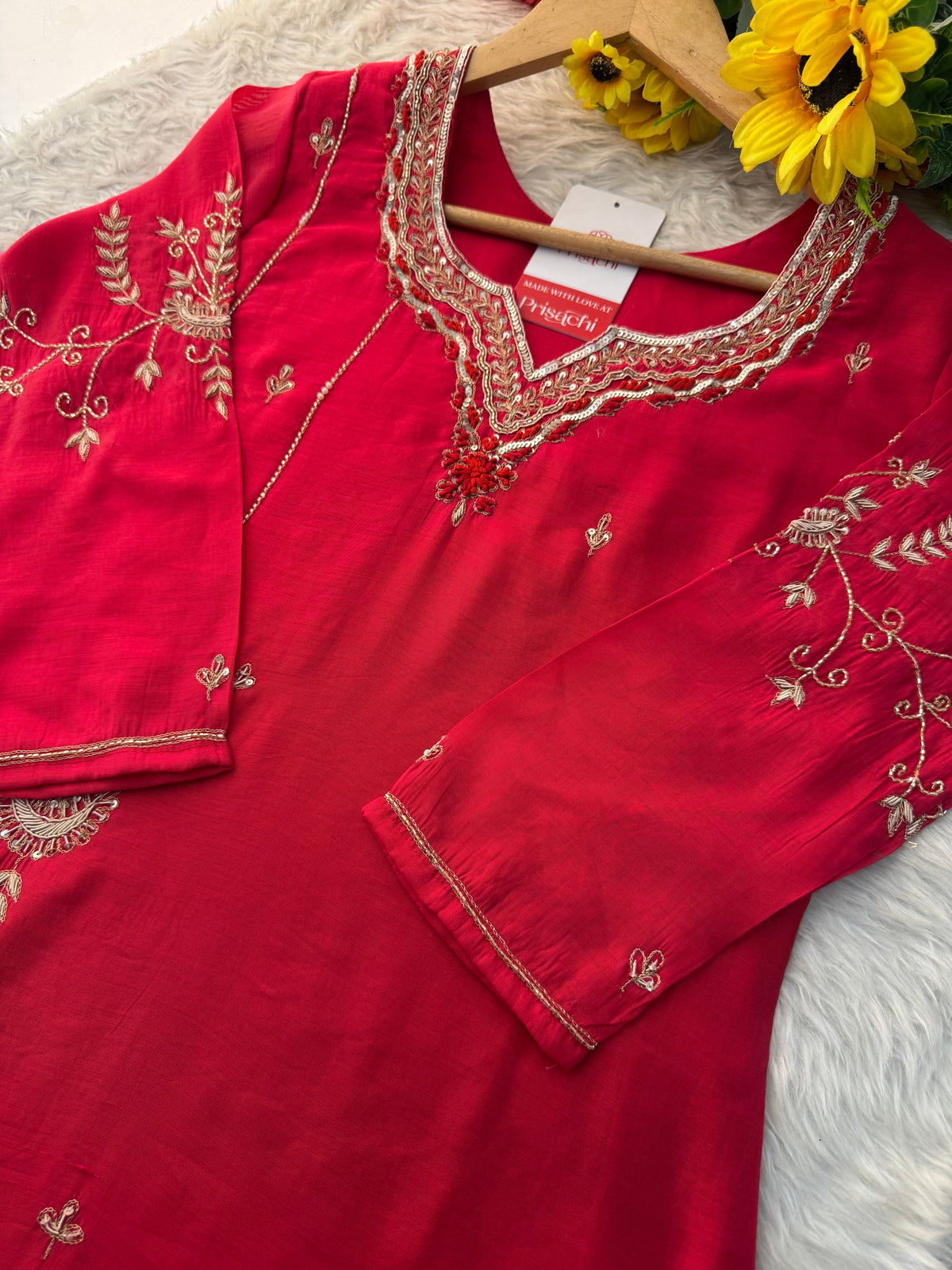 Pink Embroidered A-Line kurta set with dupatta and Pant