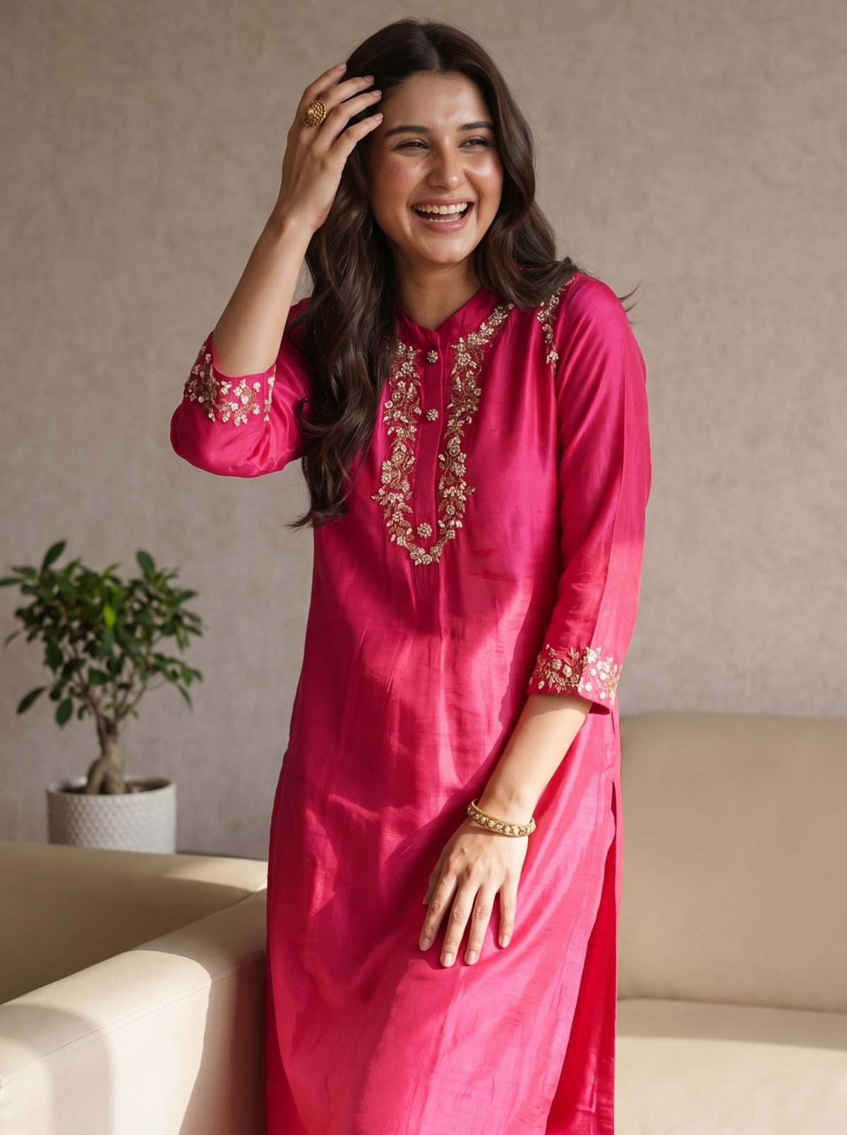 Pink Embroidery Kurta Set With Pants & Dupatta | Festive & Daily Wear