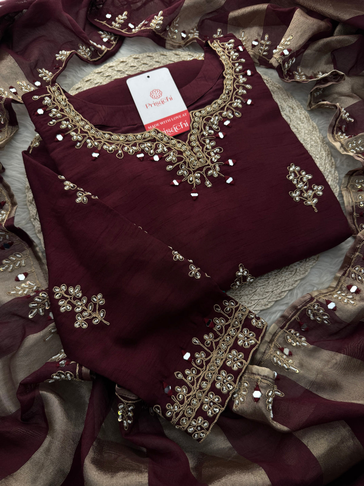 Brown hand embroidered kurta pant with dupatta