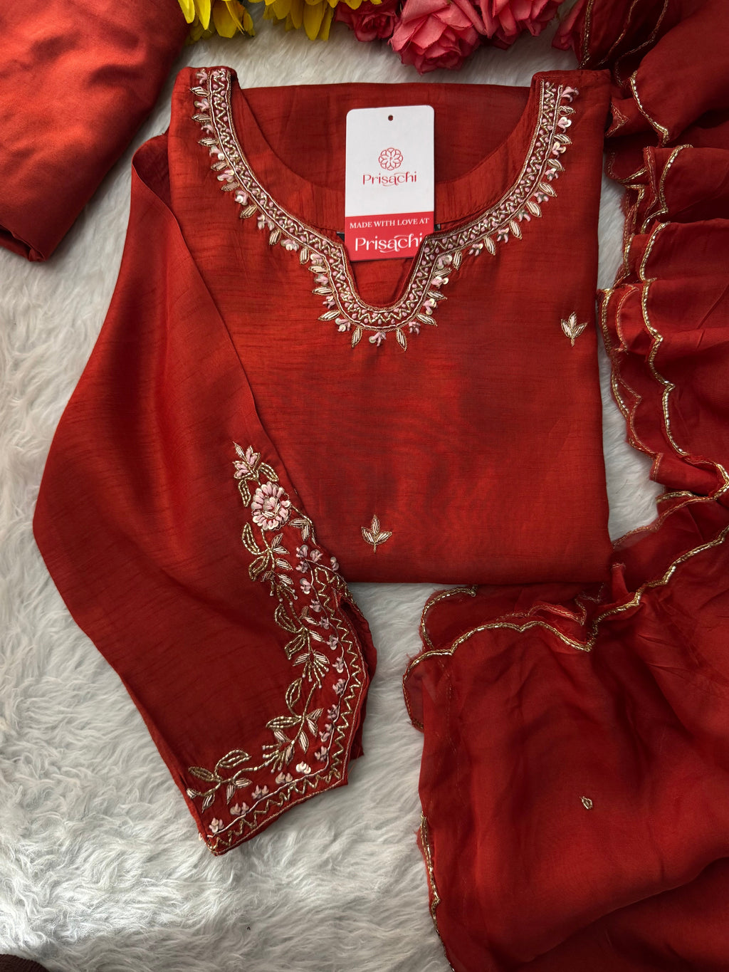 Orange Designer Embroidered Kurta Set with Pants & Dupatta Ethnic Wear