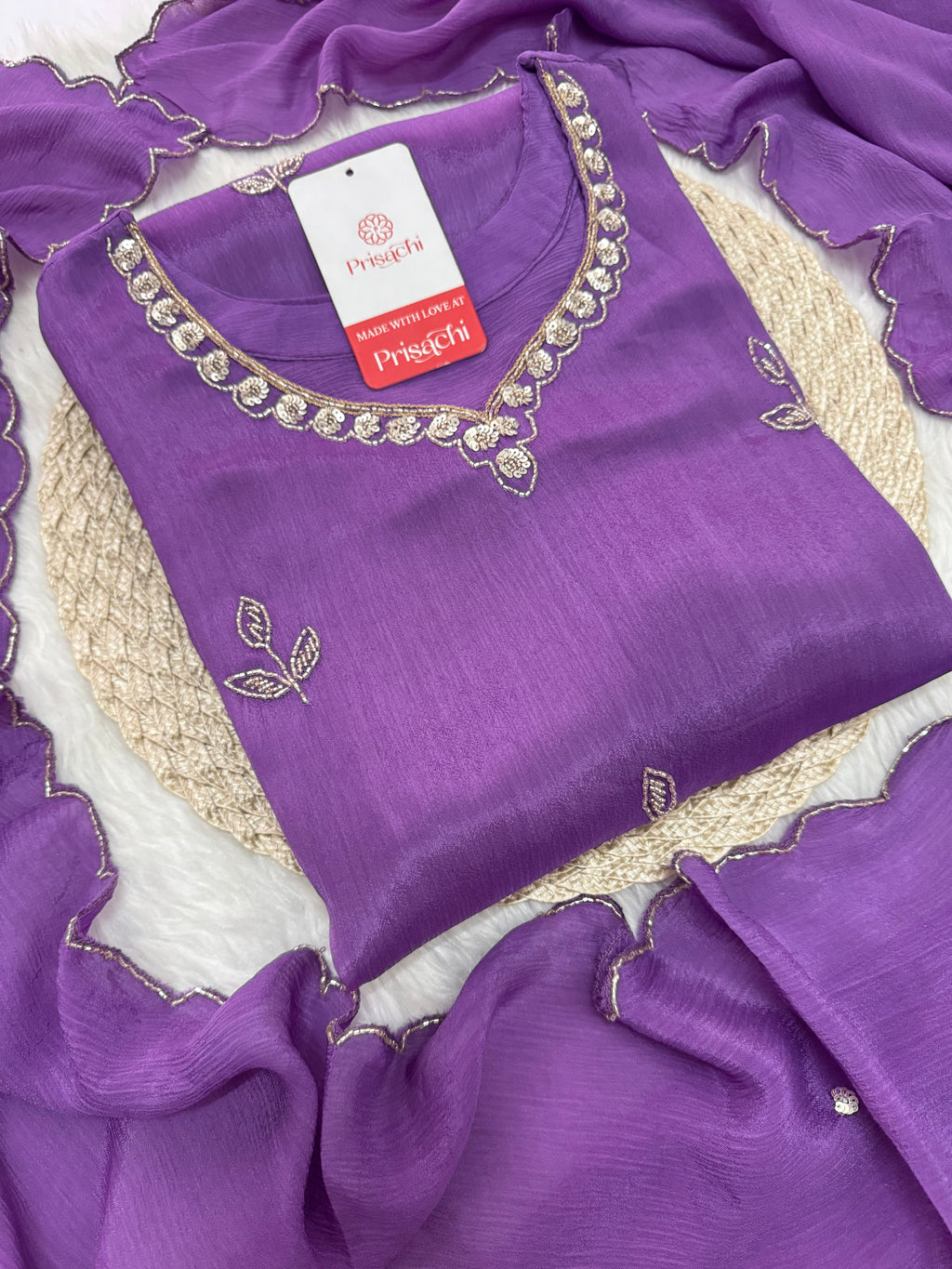 Purple  Embroidered Sharara Set with pants and Dupatta for Women | Prisachi