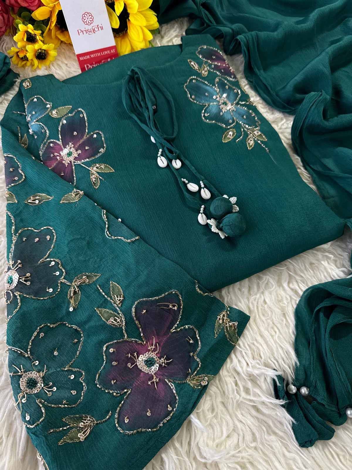 Brown hand embroidered A Line  kurta pant  with dupatta