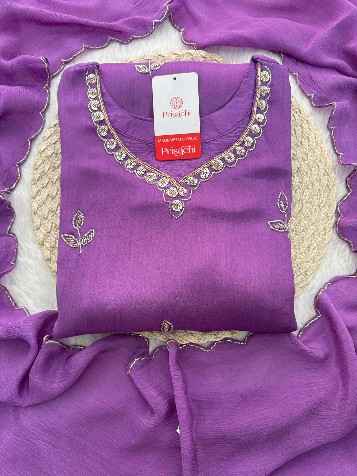 Purple  Embroidered Sharara Set with pants and Dupatta for Women | Prisachi