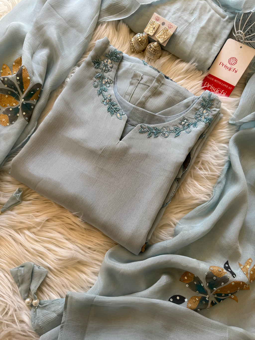 pastel blue embroidered kurta Pant  with dupatta