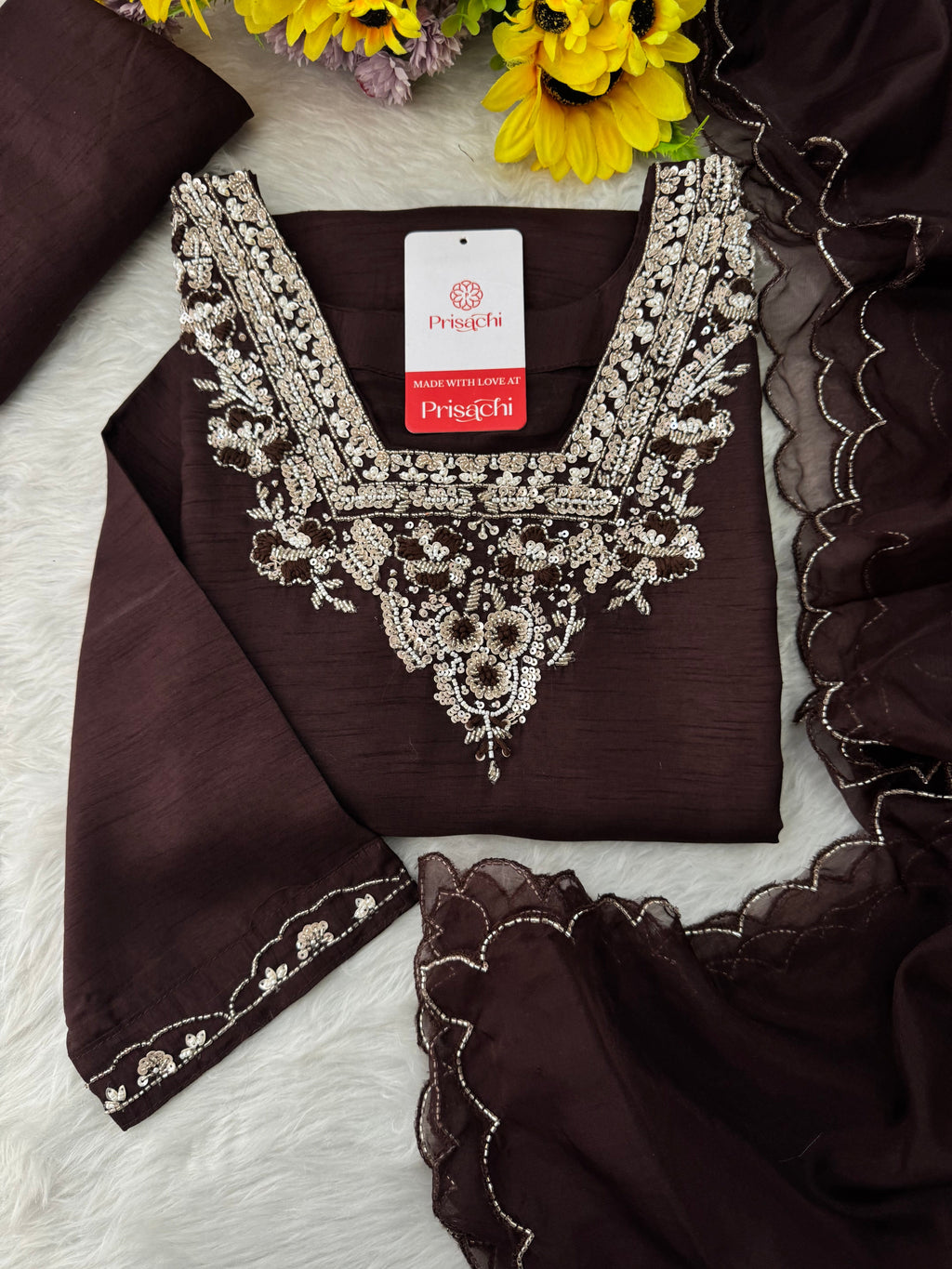 Brown hand embroidered kurta pant with dupatta