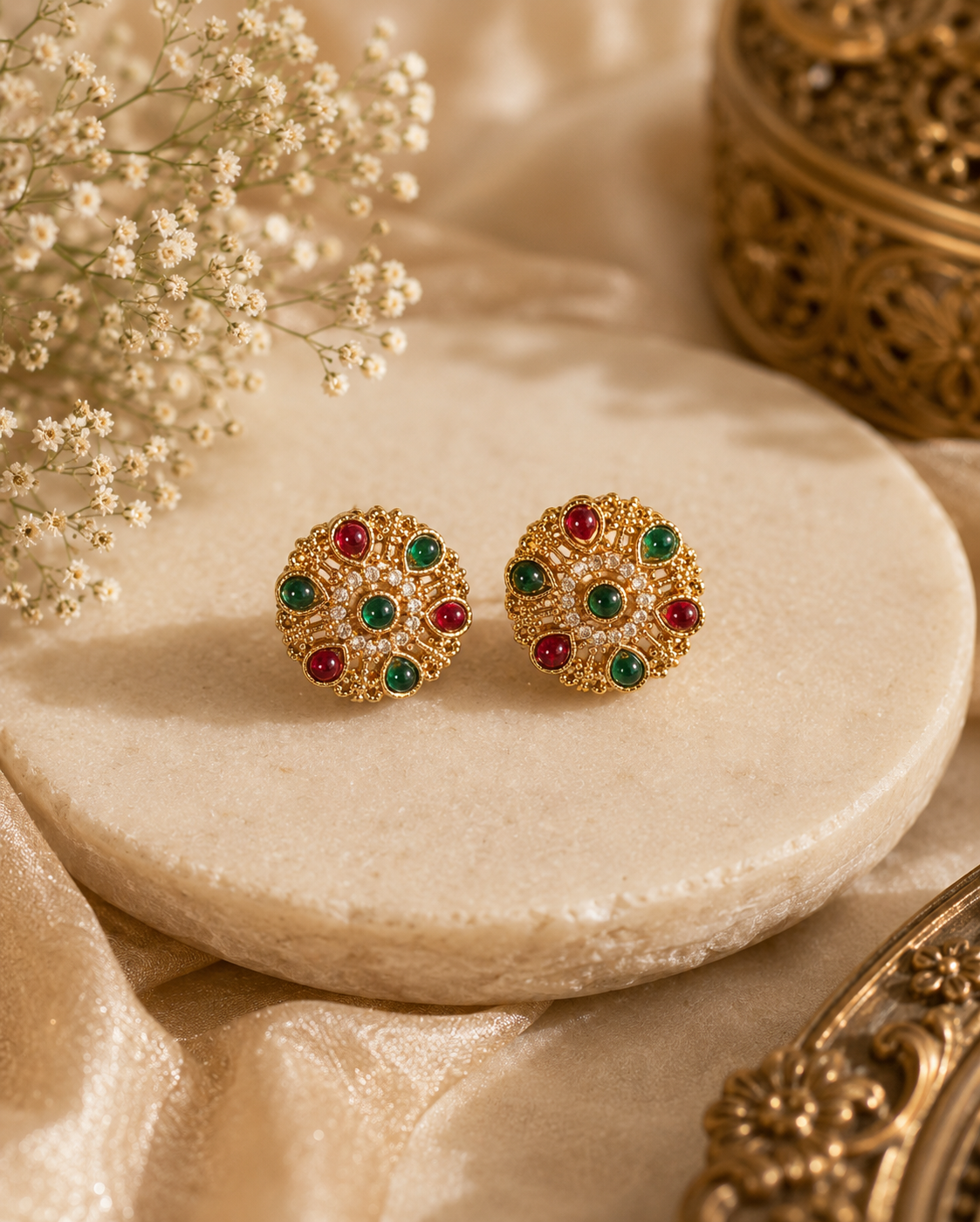 Ethnic Gold-Plated Red & Green Kundan Stud Earrings