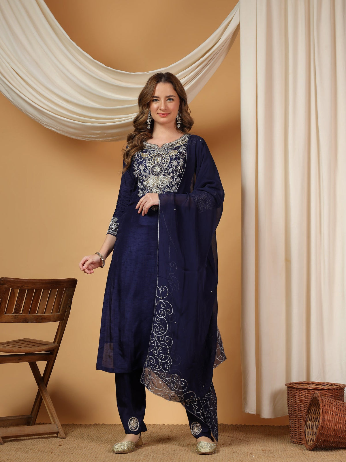 Blue Designer Embroidered Kurta set with dupatta & Pant
