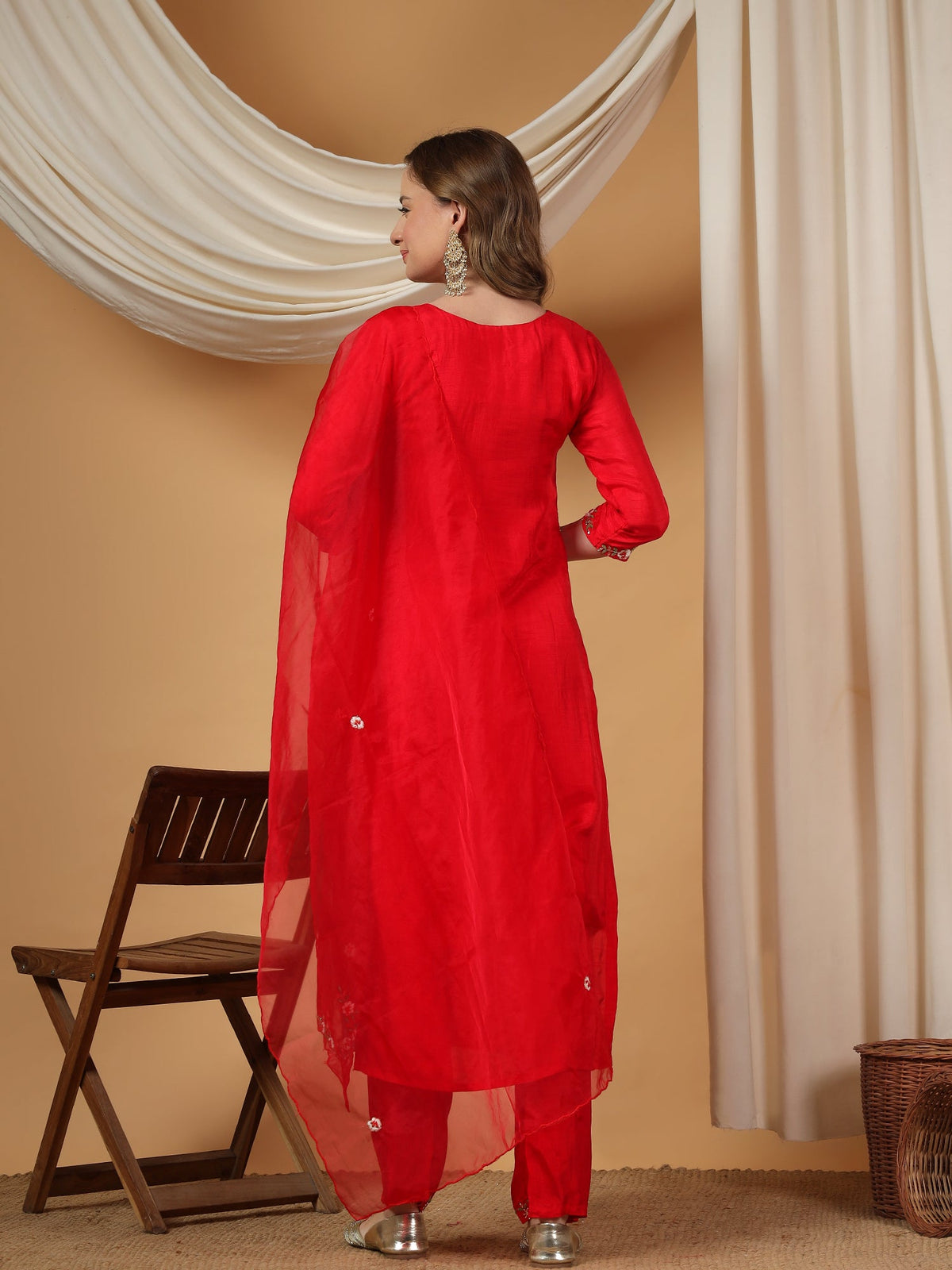 Red Designer Embroidered kurta set with pant & dupatta