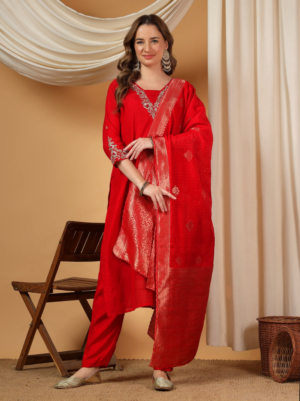 Red Designer Embroidered kurta set with dupatta & Pant