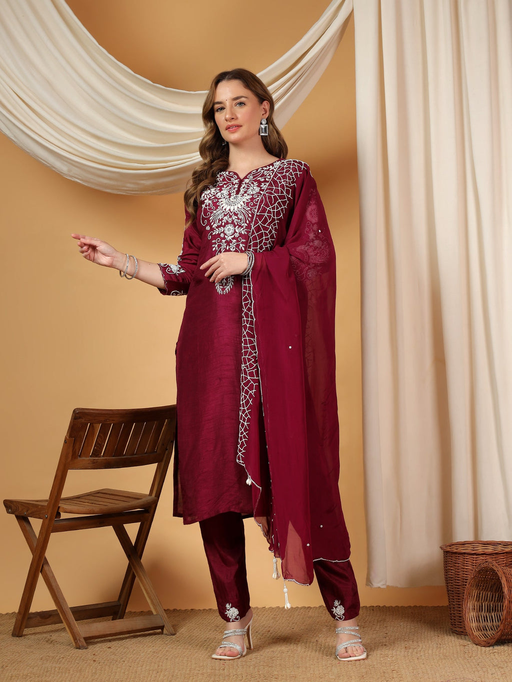Wine Designer Embroidered Kurta set with dupatta & Pant