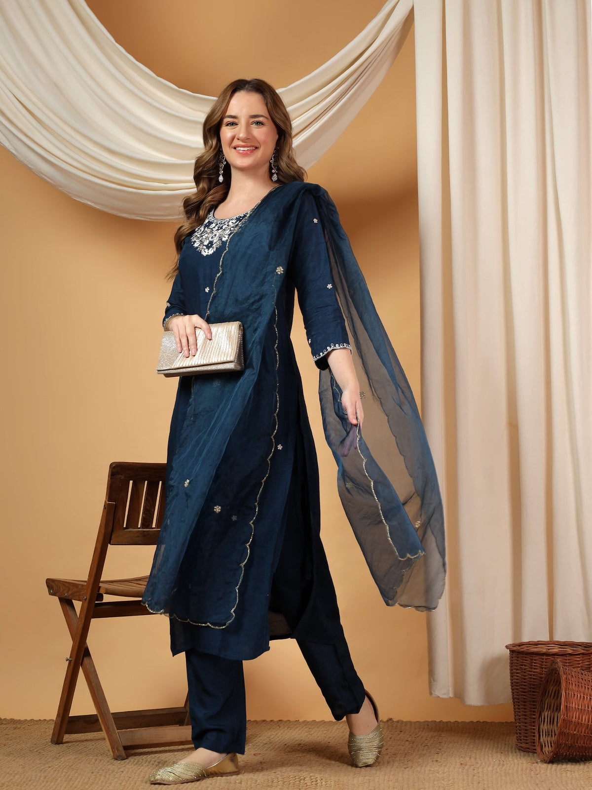 Blue Designer Embroidered Kurta set with dupatta with Pant