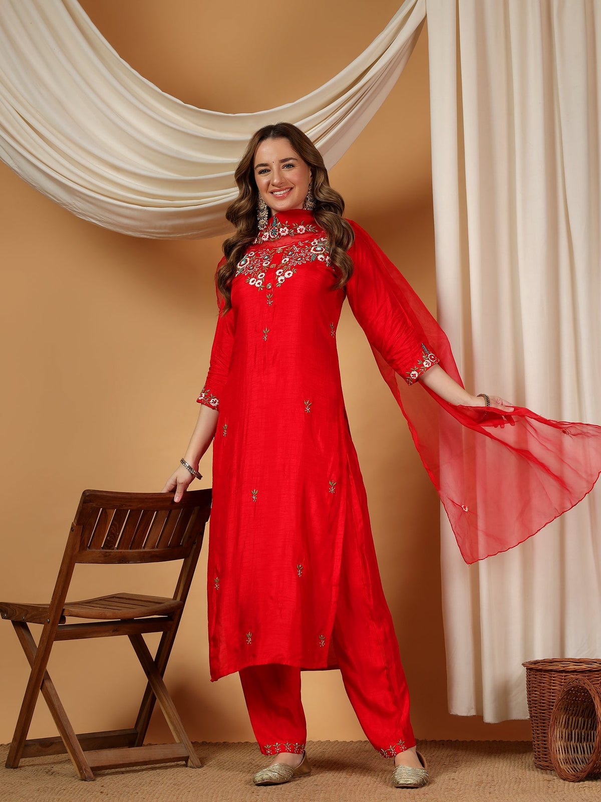Red Designer Embroidered kurta set with pant & dupatta