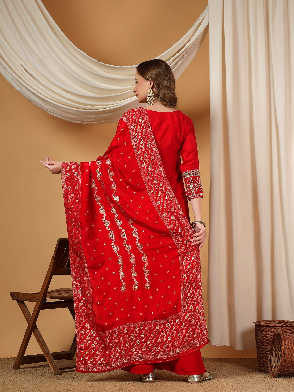 Red Designer Embroidered Kurta set with Banarasi dupatta with Pant