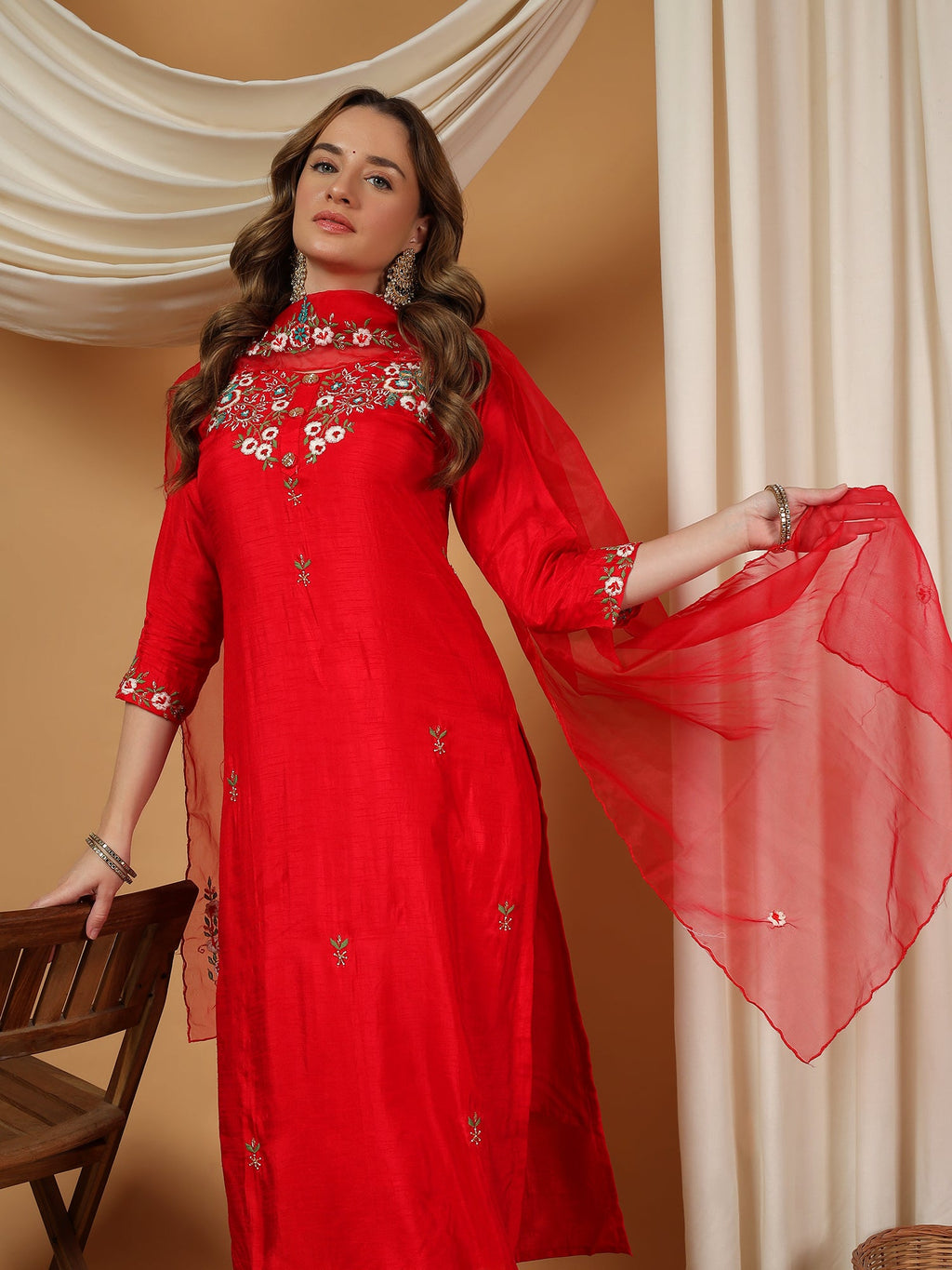 Red Designer Embroidered kurta set with pant & dupatta