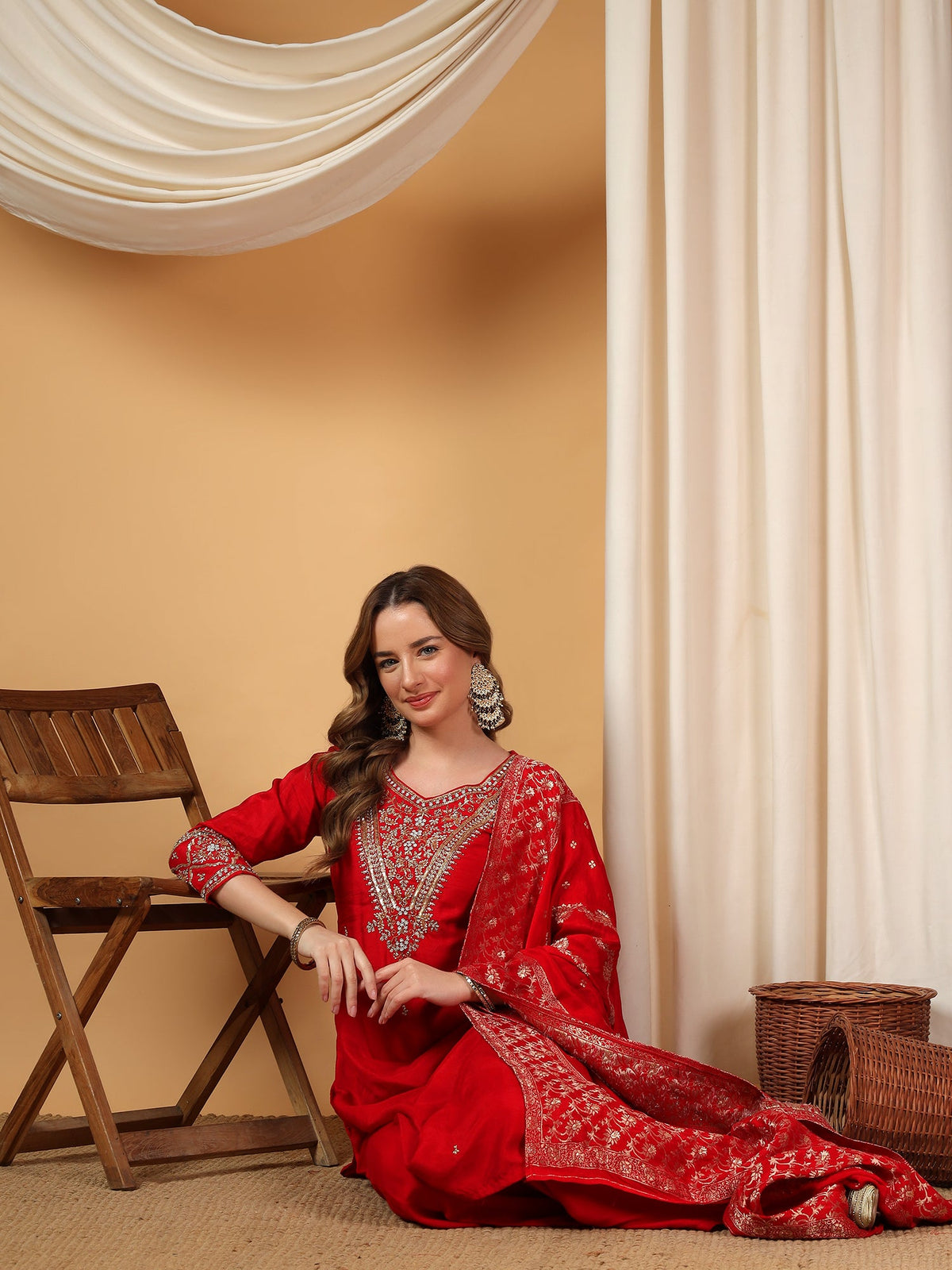 Red Designer Embroidered Kurta set with Banarasi dupatta with Pant