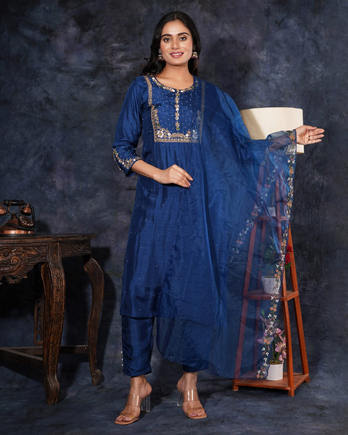 Blue Designer Embroidered Ethnic Kurta Set with Pant & Dupatta