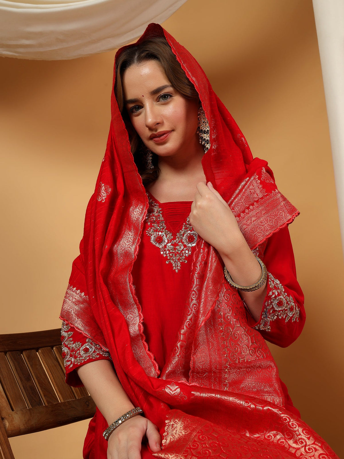 Red Designer Embroidered kurta set with dupatta & Pant