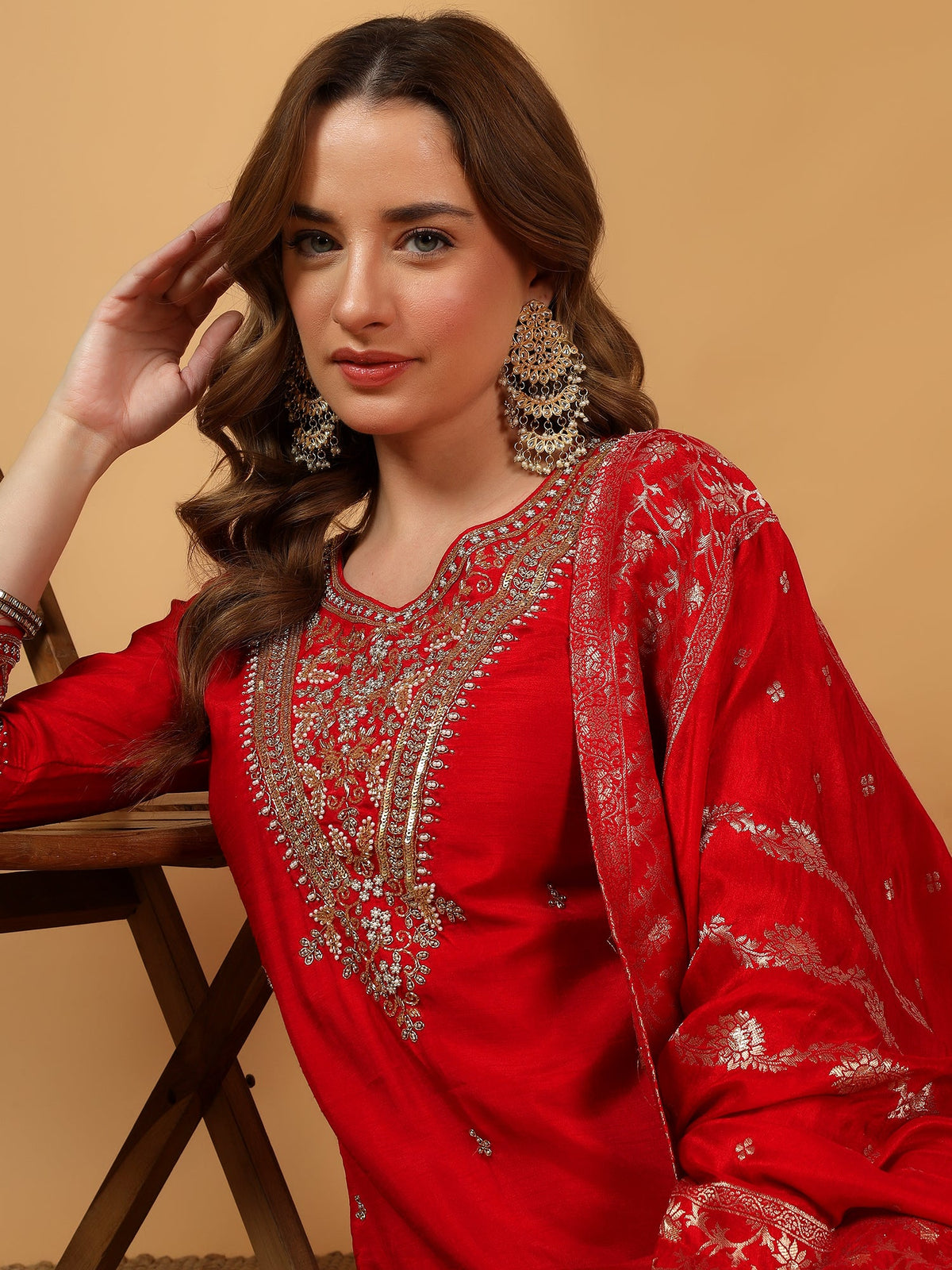 Red Designer Embroidered Kurta set with Banarasi dupatta with Pant