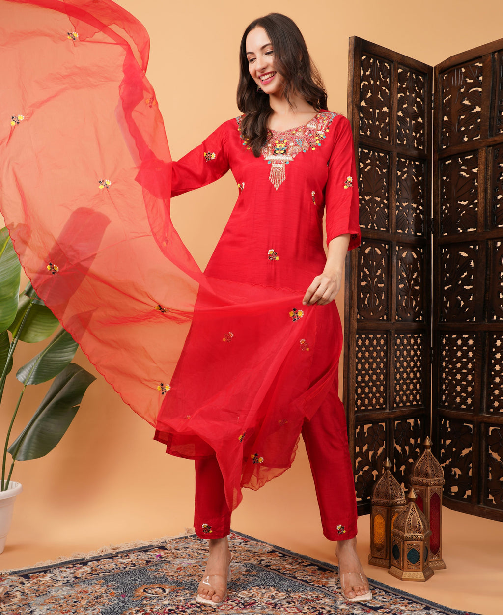Red Designer Embroidered Ethnic Kurta Set with Pant & Dupatta