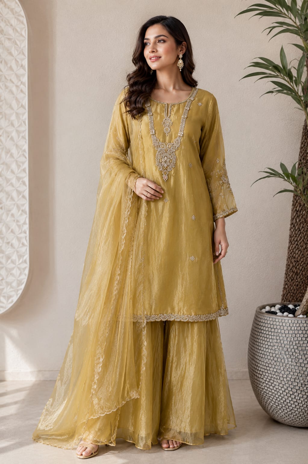 Yellow Zardozi Embroidered Ethnic Kurta Set for Women with Pants & Dupatta | Festive and Party Wear