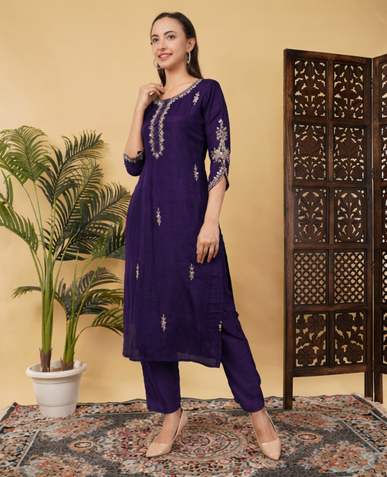 Purple Mirror Work Ethnic Embroidered Kurta Set with Dupatta & Pants