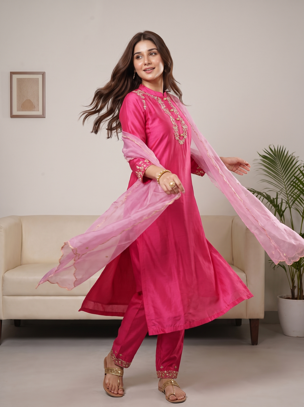 Pink Embroidery Kurta Set With Pants & Dupatta | Festive & Daily Wear