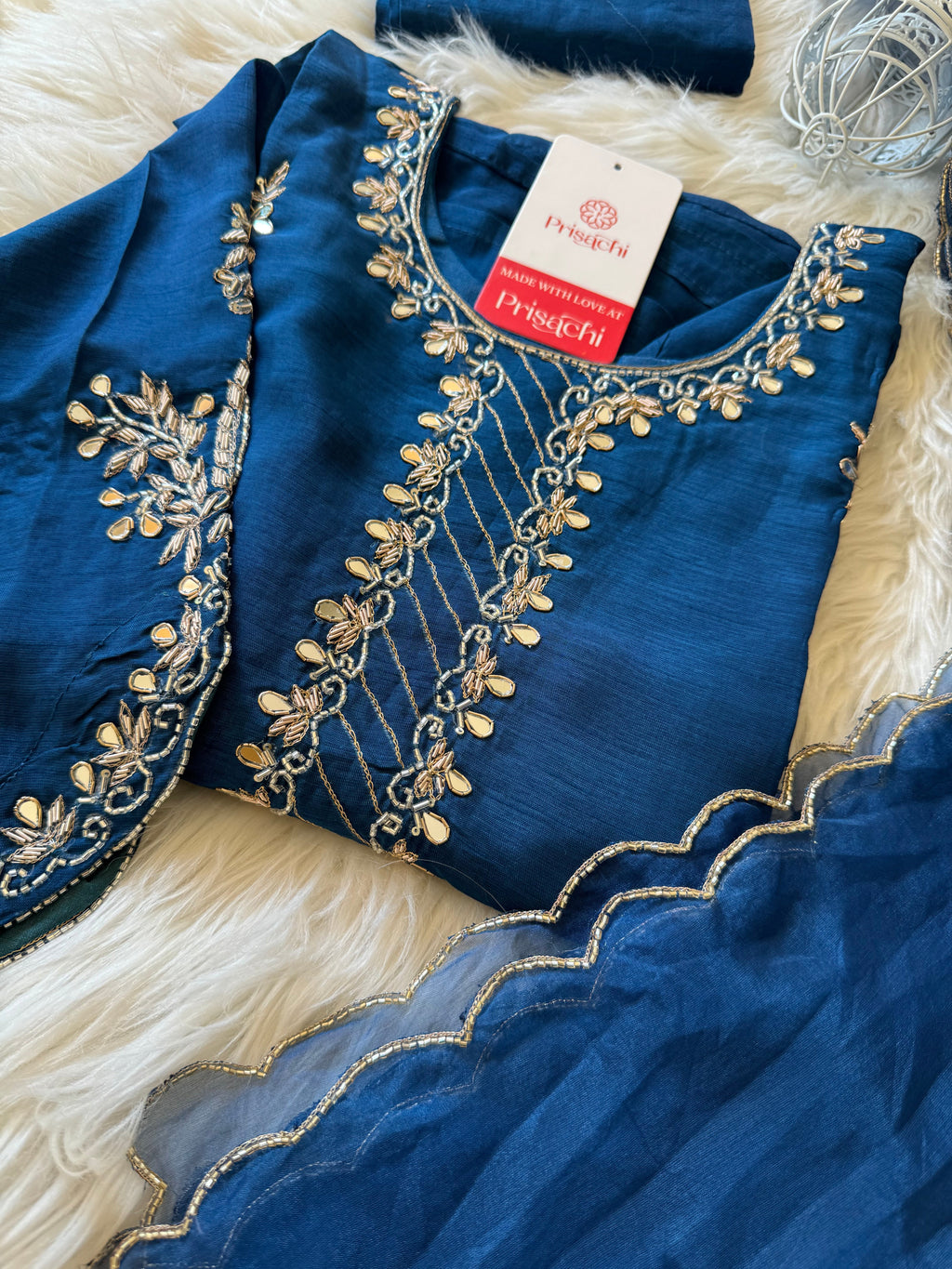 Women’s Mirror Work & Zardozi Embroidered Kurta Set with Dupatta & Pants