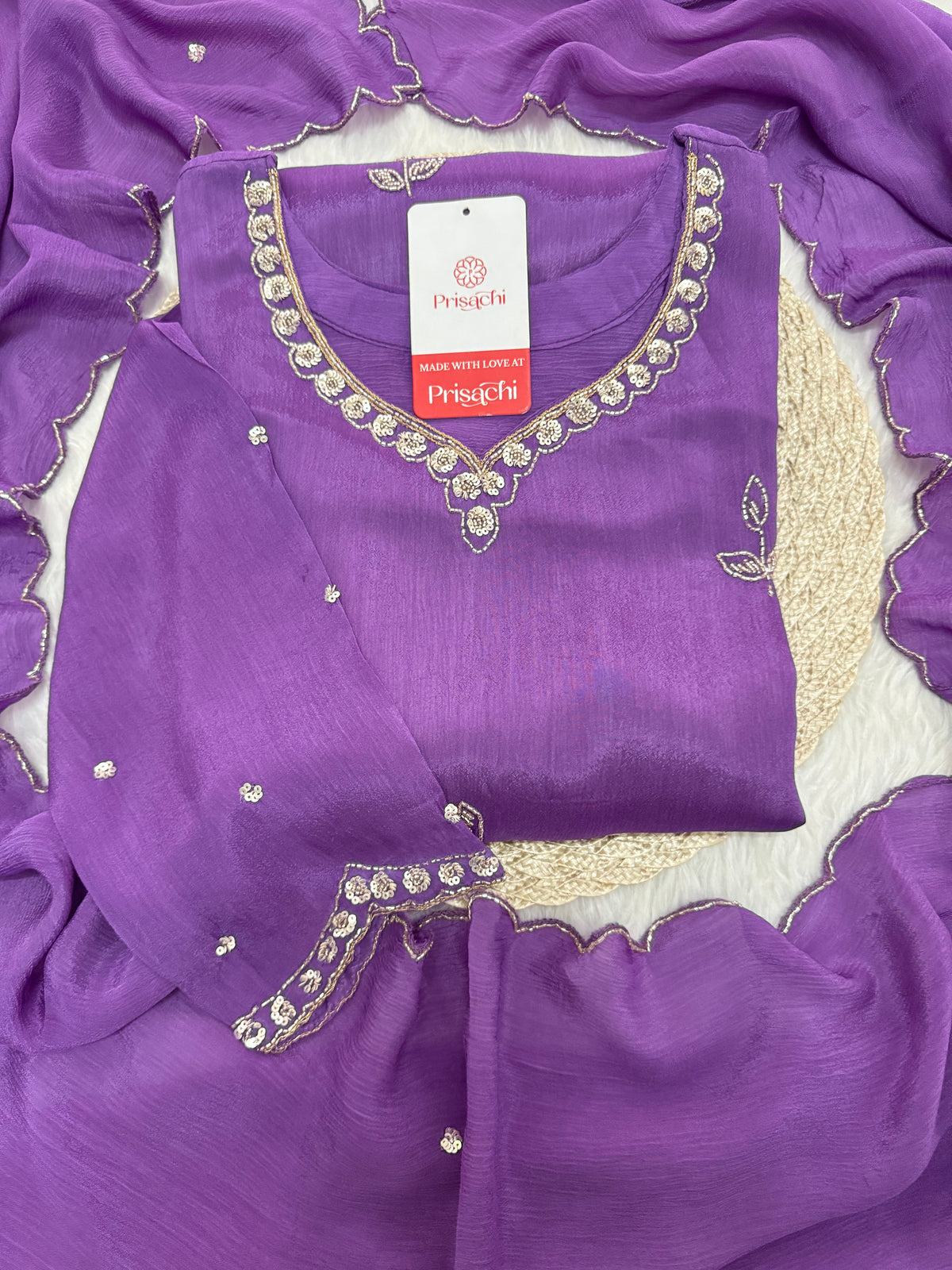 Purple  Embroidered Sharara Set with pants and Dupatta for Women | Prisachi
