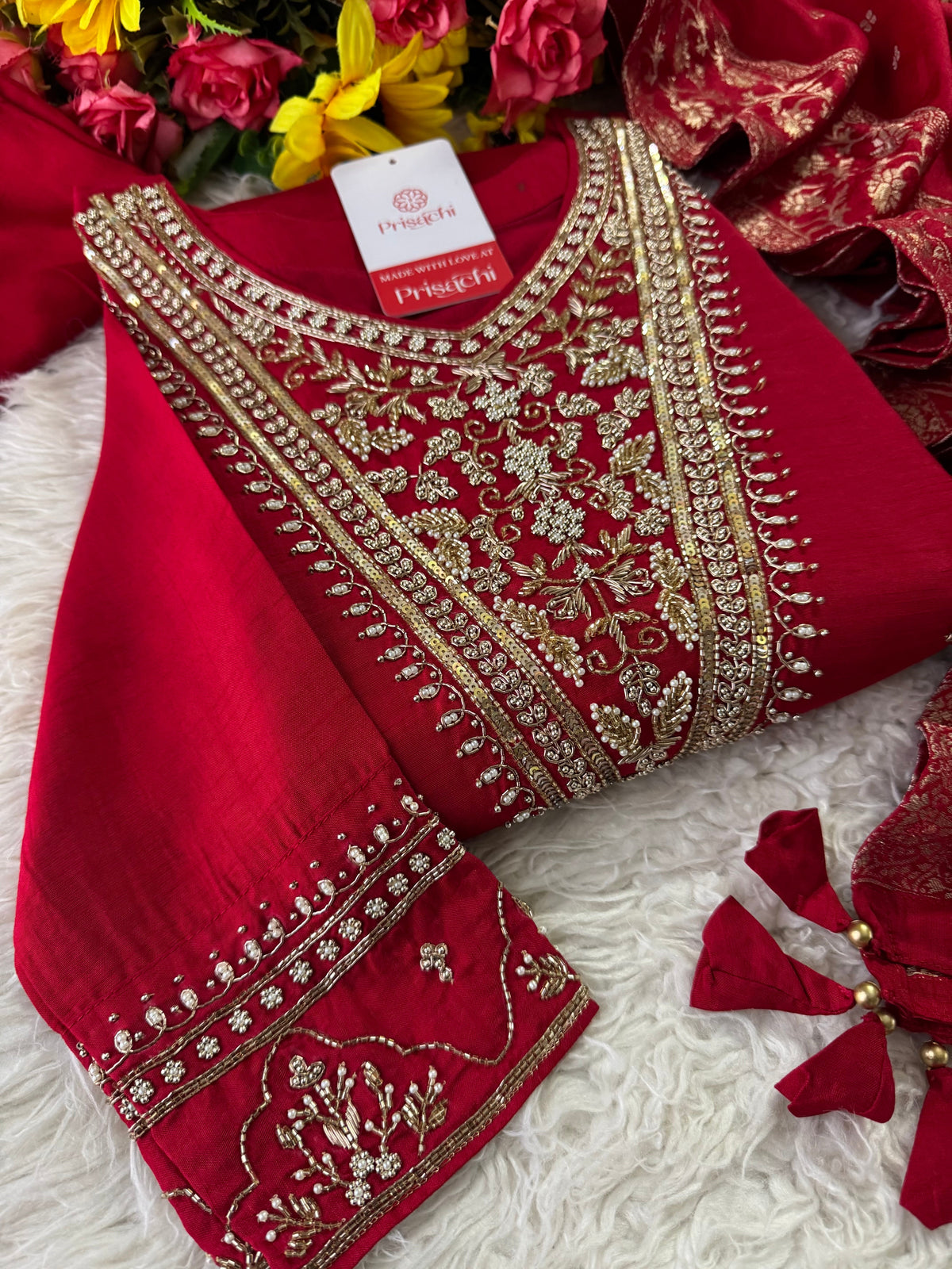 Red Embroidered kurta Pant  with dupatta
