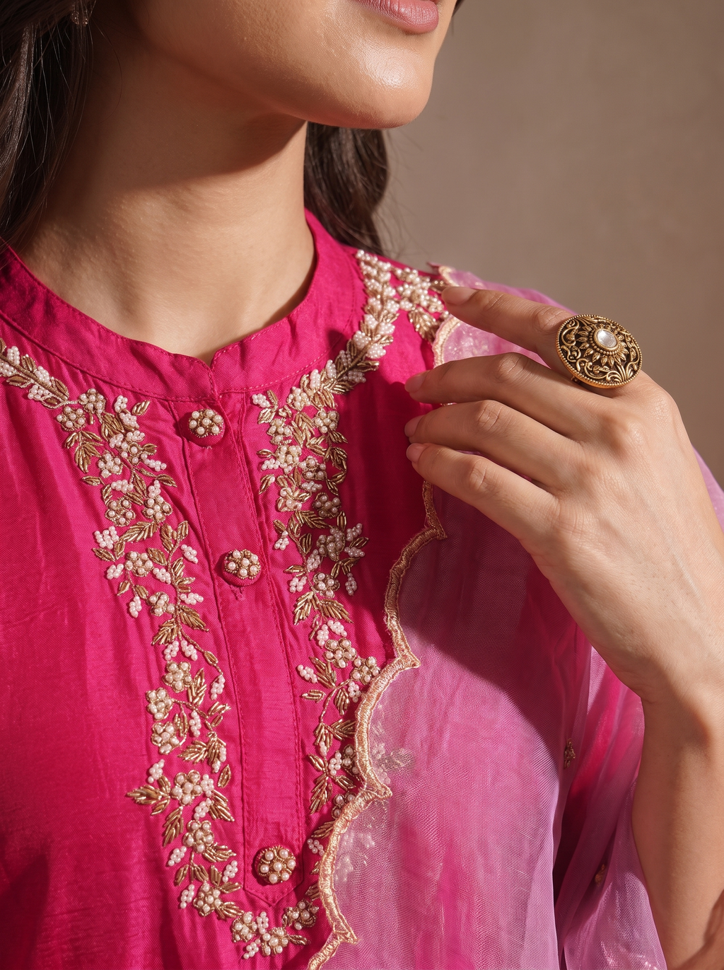Pink Embroidery Kurta Set With Pants & Dupatta | Festive & Daily Wear